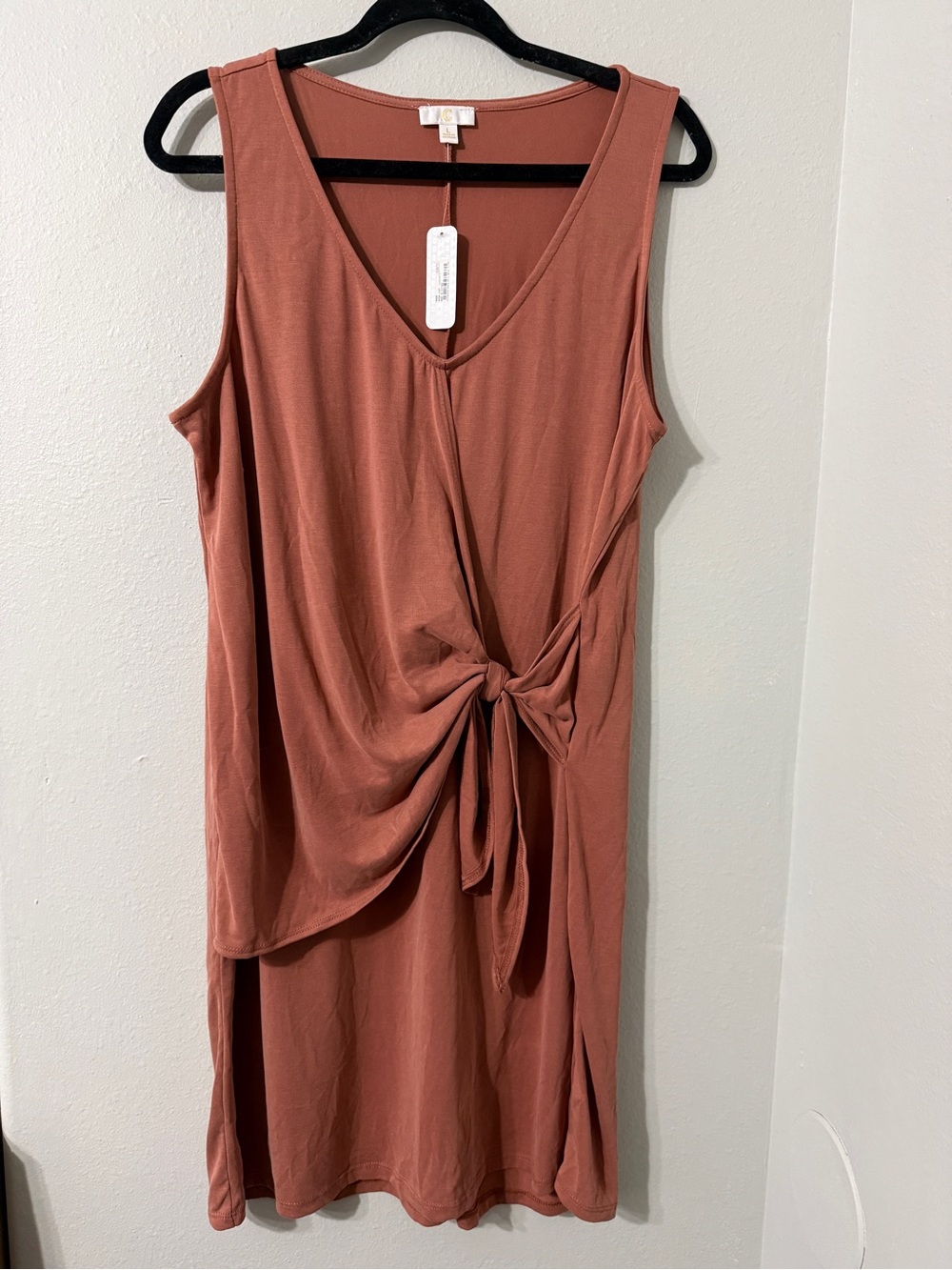Soft Chic Tie Waist Sleeveless Tunic Dress Rust Clay Size L NWT